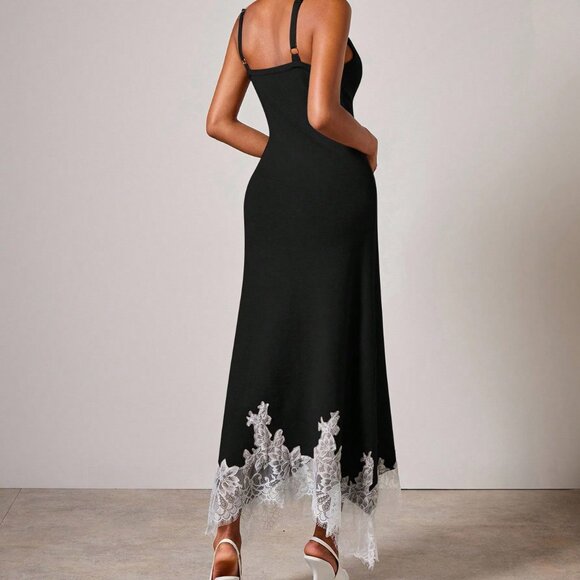 Black Elegant Women's Knit Sweater Lace detailed Dress & Cardigan Set - Picture 2 of 14